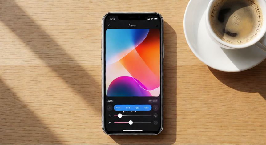 como cambiar el fondo de pantalla en iphone, Vista cenital de un iPhone sobre una mesa ajustando el tamaño de la imagen de fondo