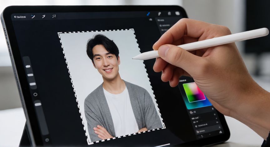 como cambiar el fondo de una foto, Manos editando una foto en una tableta seleccionando un sujeto