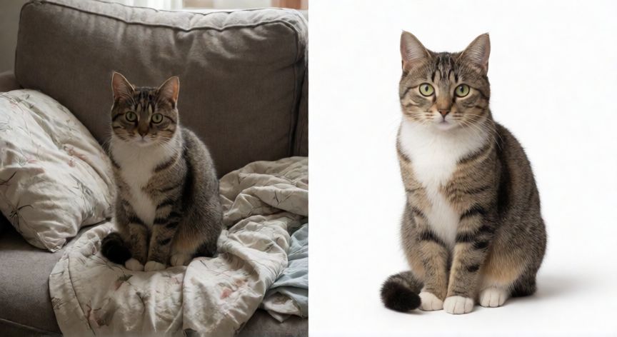 como cambiar el fondo de una foto, Comparación antes y después de cambiar el fondo de una foto de un gato