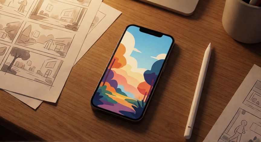 como cambiar el fondo de una historia de instagram, Espacio de trabajo creativo con móvil y bocetos para historias