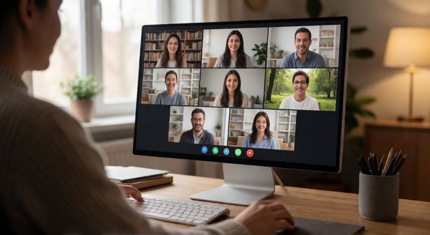 como cambiar el fondo en teams, Persona trabajando en casa usando Microsoft Teams con fondos virtuales