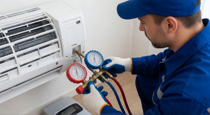 como cambiar el gas del aire acondicionado, Técnico de aire acondicionado conectando manómetros para recargar gas