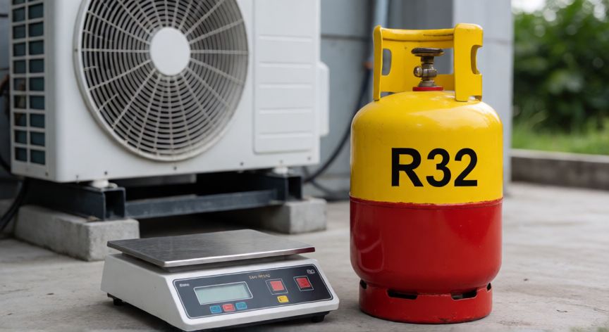 como cambiar el gas del aire acondicionado, Cilindro de gas refrigerante R32 junto a una balanza de precisión