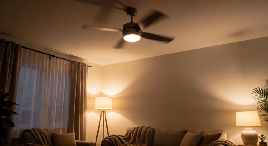 como cambiar el giro del ventilador de techo, Sala de estar en invierno con ventilador de techo funcionando en modo calefacción