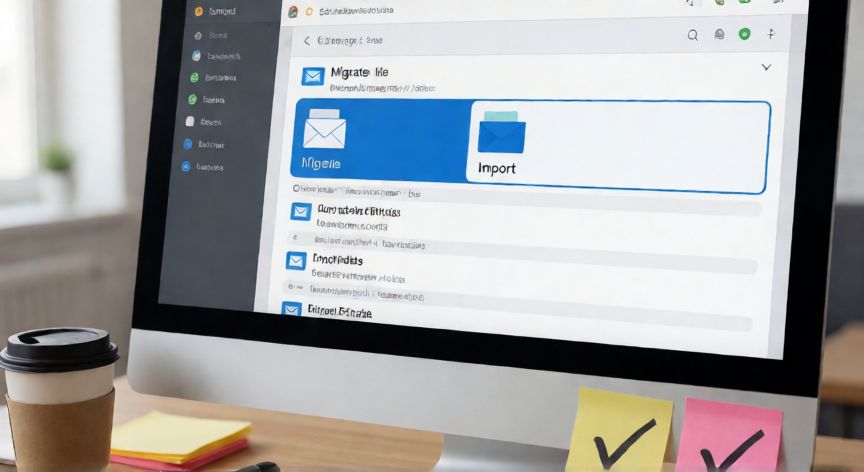 como cambiar el gmail, Pantalla de ordenador mostrando la migración de correos electrónicos