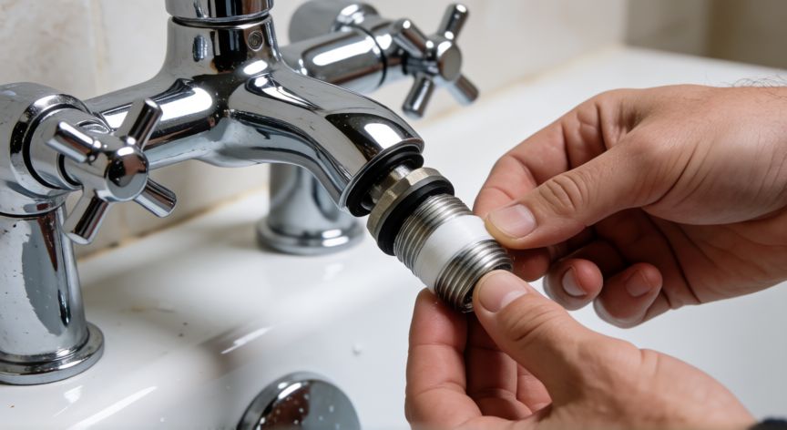 como cambiar el grifo de la bañera, Instalación de nuevo grifo con cinta teflón en la rosca
