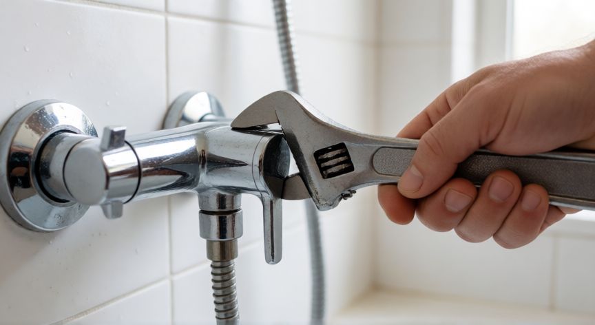 como cambiar el grifo de la ducha, Manos desmontando un grifo de ducha con llave inglesa en azulejos blancos