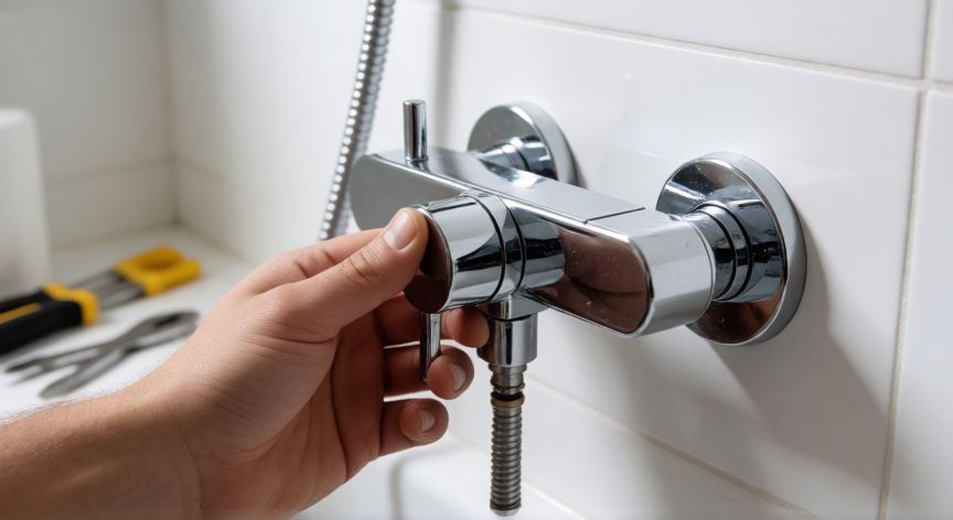 como cambiar el grifo de la ducha, Instalación de un nuevo grifo termostático cromado en el muro del baño