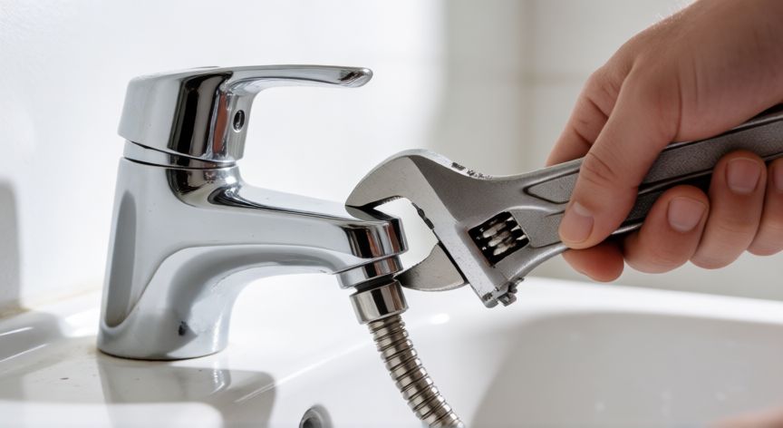 como cambiar el grifo de un bidet, Desconectando la manguera del grifo del bidet con llave inglesa