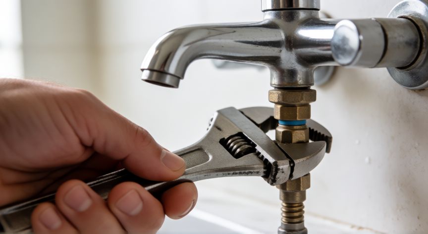 como cambiar el grifo del lavabo, Manos desmontando flexos de agua del grifo con una llave inglesa