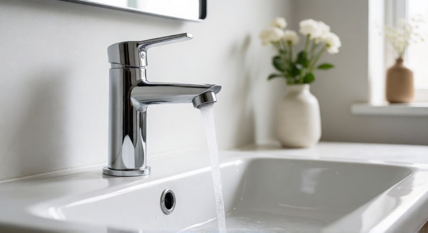 como cambiar el grifo del lavabo, Nuevo grifo de monomando instalado en un lavabo blanco con agua corriendo