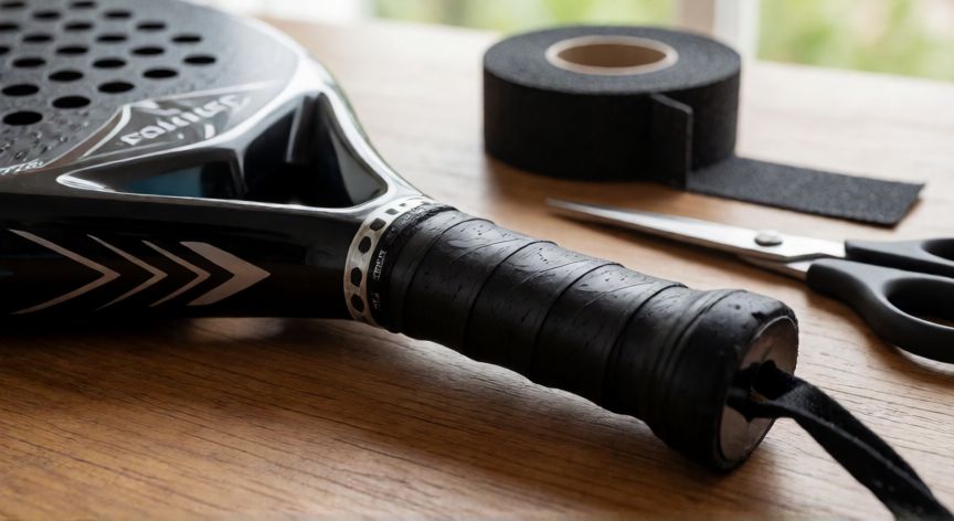 como cambiar el grip de una pala de padel, Pala de pádel con nueva empuñadura aplicada profesionalmente sobre una mesa de madera
