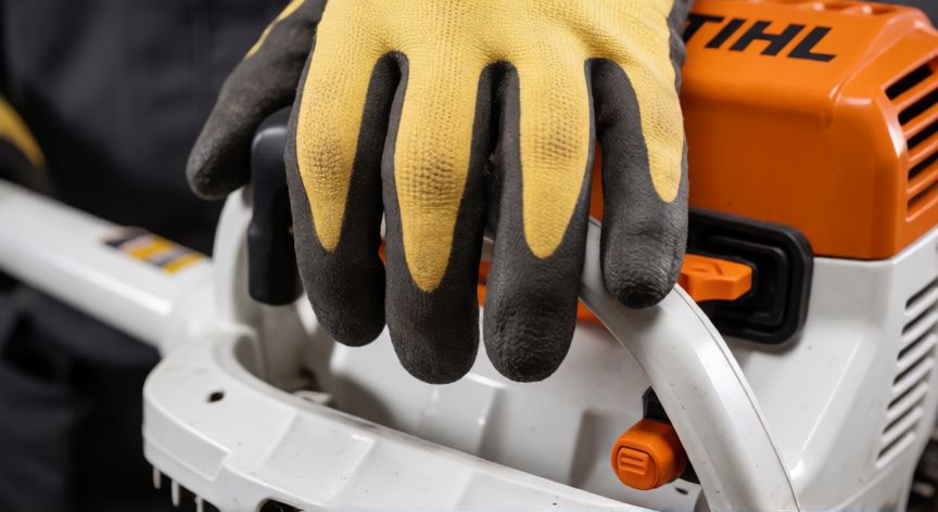 como cambiar el hilo de una desbrozadora stihl, Mano con guantes manipulando el cabezal Quick Advance de una desbrozadora STIHL