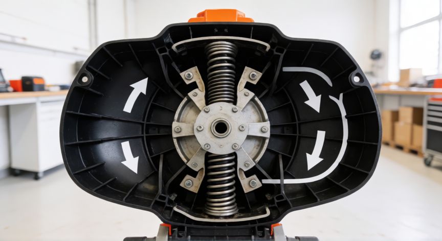como cambiar el hilo de una desbrozadora stihl, Interior de la bobina de hilo con flechas indicativas de giro y muelles visibles