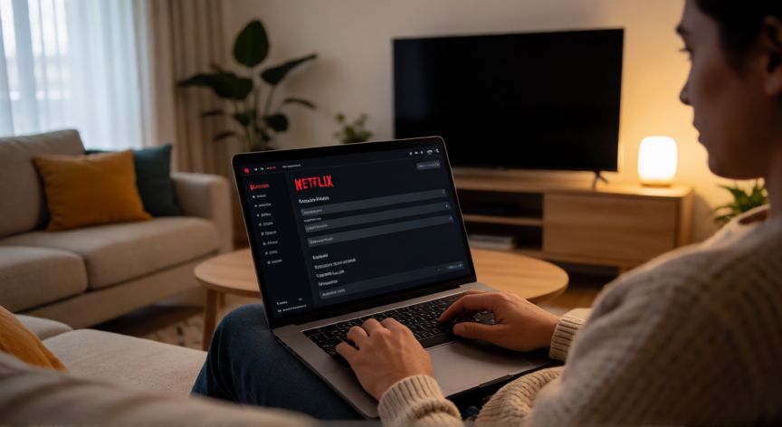 como cambiar el hogar de netflix, Persona gestionando su cuenta de Netflix en casa desde una laptop