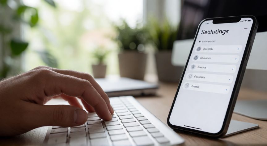 como cambiar el hogar de netflix, Manos usando teclado y móvil para ajustar configuraciones de cuenta