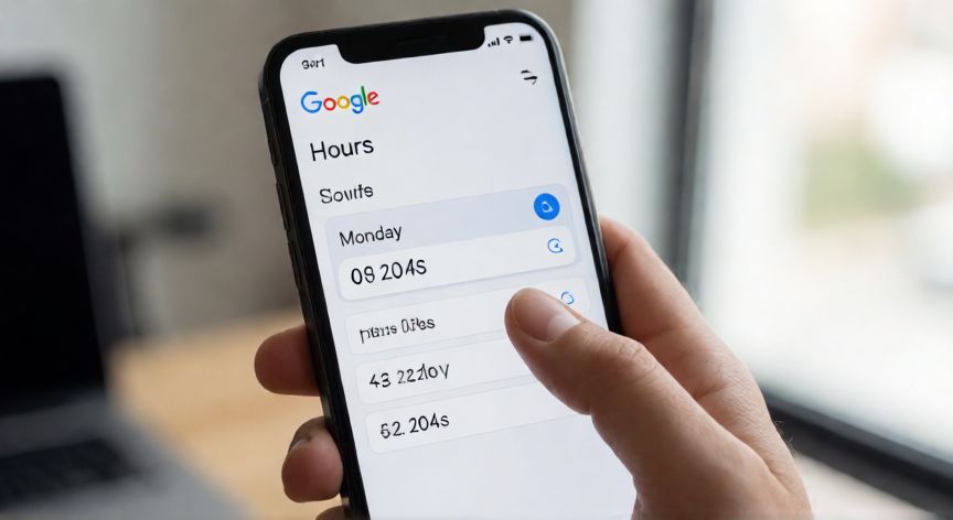 como cambiar el horario de mi empresa en google, Mano editando horarios de empresa en la app de Google Business Profile