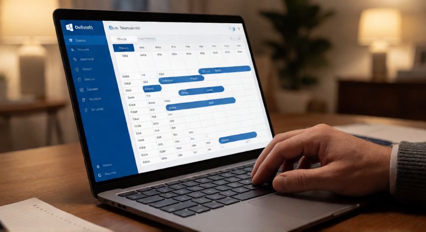 como cambiar el horario laboral en teams, Persona gestionando su calendario en Outlook sincronizado con Teams para controlar horarios