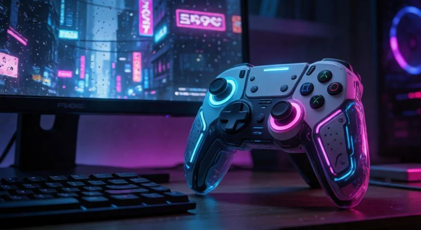 Controlador de videojuegos futurista con luces neón