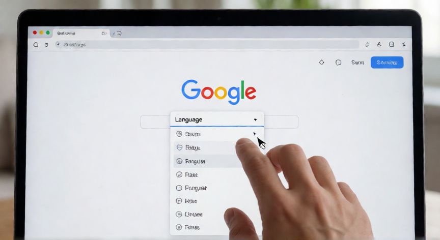 como cambiar el idioma de google, Pantalla de portátil mostrando la configuración de idioma en Google