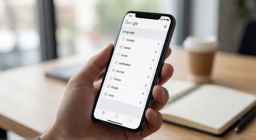 como cambiar el idioma de google, Teléfono móvil mostrando los ajustes de idioma en la aplicación Google