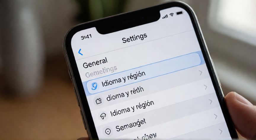como cambiar el idioma del iphone, Pantalla de ajustes del iPhone mostrando la opción Idioma y región