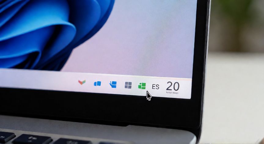 como cambiar el idioma del teclado en windows 11, Pantalla de Windows 11 mostrando el clic en el icono de idioma en la barra de tareas