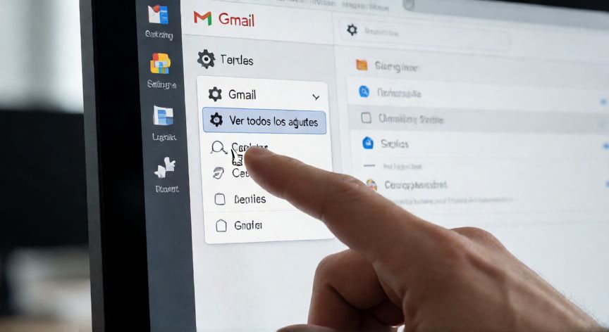 como cambiar el idioma en gmail, Interfaz de Gmail en ordenador mostrando el menú de ajustes