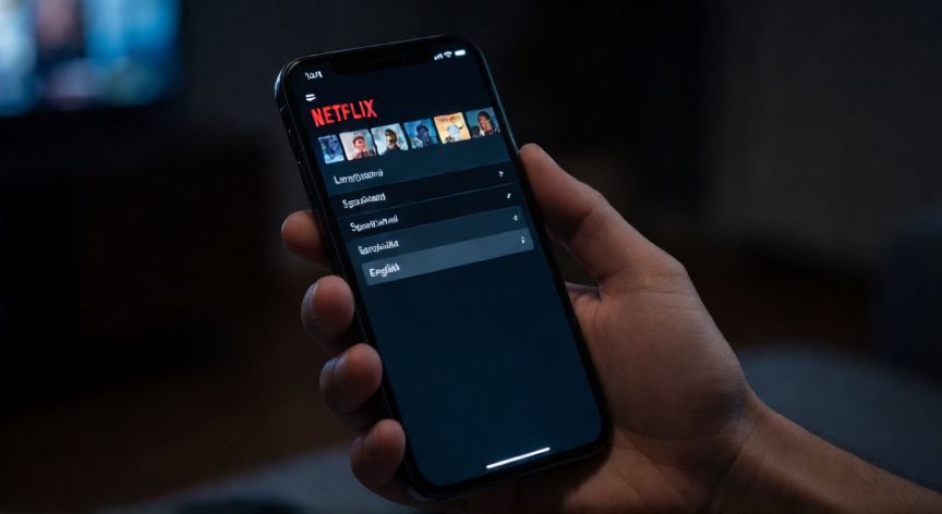 como cambiar el idioma en netflix, Mano sosteniendo un móvil con la app de Netflix mostrando el menú de selección de idioma