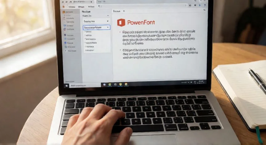 como cambiar el idioma en powerpoint, Manos usando PowerPoint con la pestaña Revisar y opción de idioma visible