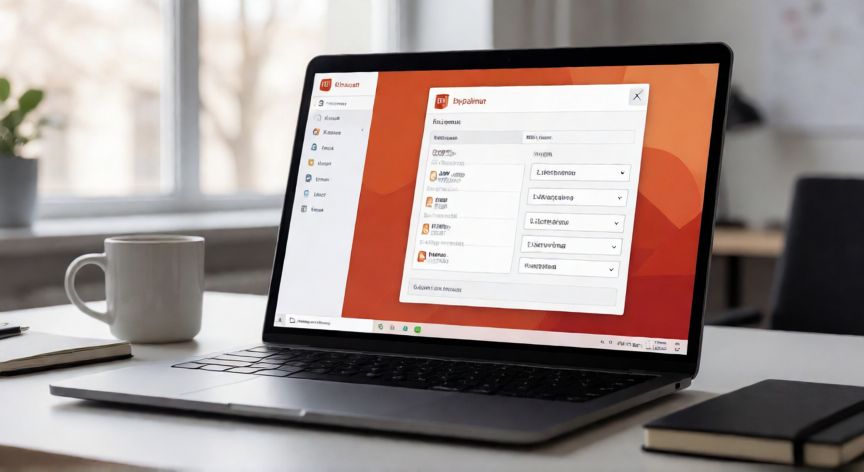 como cambiar el idioma en powerpoint office 365, Pantalla de un portátil mostrando la ventana de opciones de idioma de PowerPoint Office 365 en un escritorio de oficina