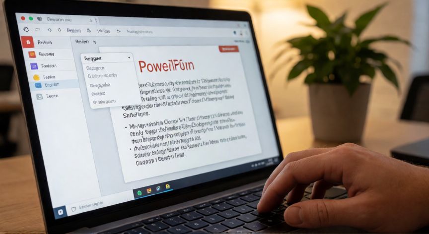 como cambiar el idioma en powerpoint office 365, Mano sobre un portátil con la pestaña Revisar abierta en PowerPoint mostrando el menú de selección de idioma