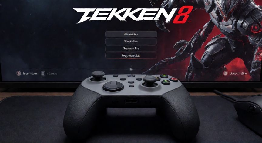 Control de videojuego sobre escritorio con el menú de idiomas de Tekken 8 en la pantalla