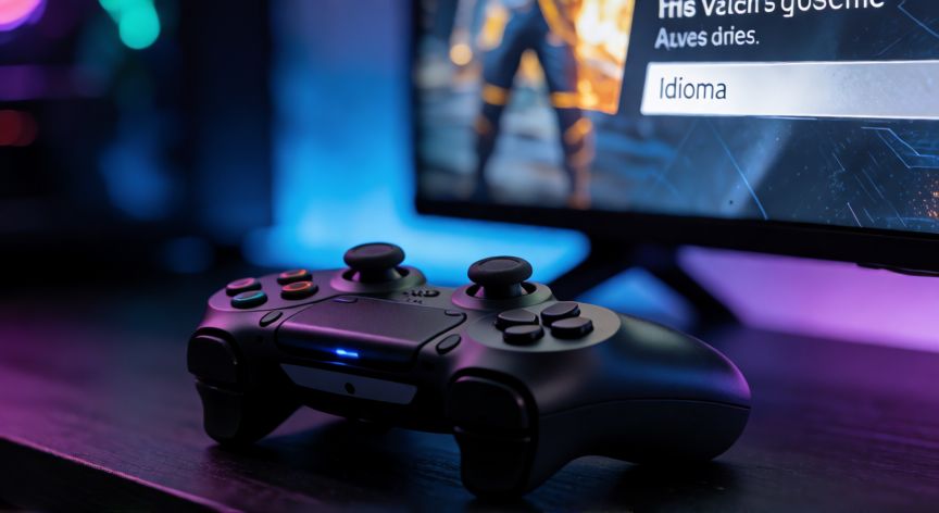 Mando de consola con menú de juego en español al fondo