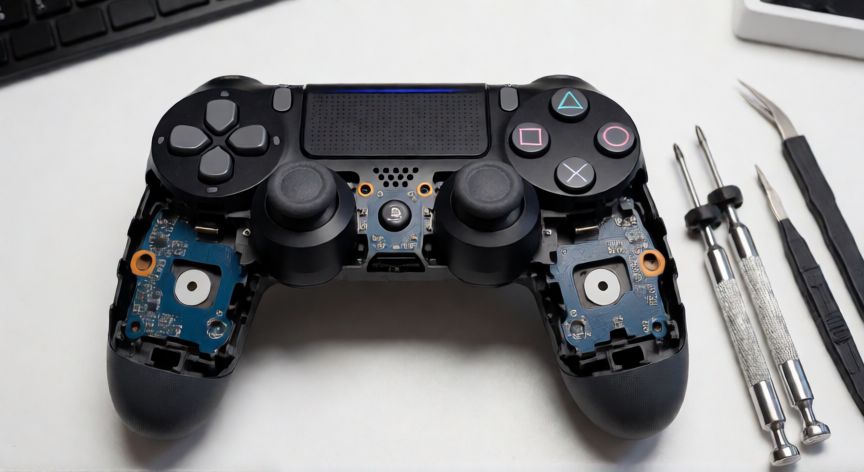como cambiar el joystick de la ps4, Mando PS4 desmontado mostrando la placa base y herramientas de reparación
