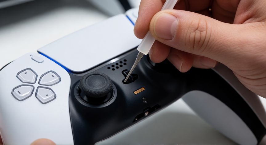 como cambiar el joystick de la ps5, Manos abriendo la carcasa del mando PS5 con una espátula plástica