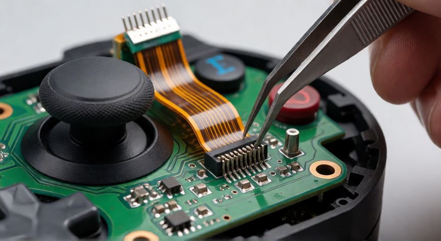 como cambiar el joystick de la ps5, Conexión del cable plano al nuevo joystick en la placa base del mando