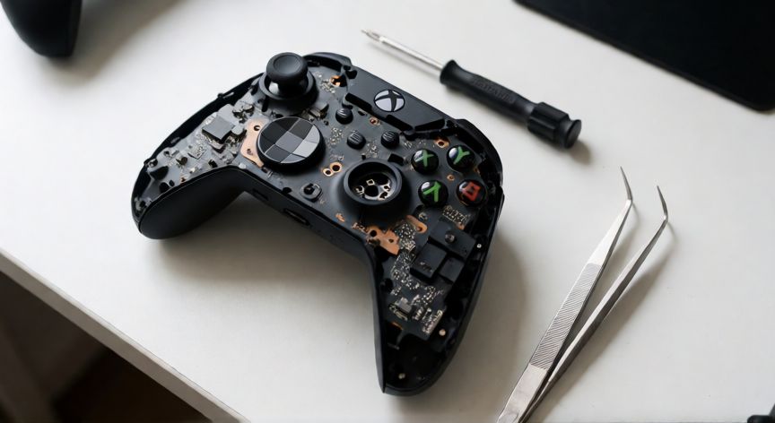 como cambiar el joystick de xbox series s, Vista interna del mando Xbox Series S desmontado con herramientas de reparación
