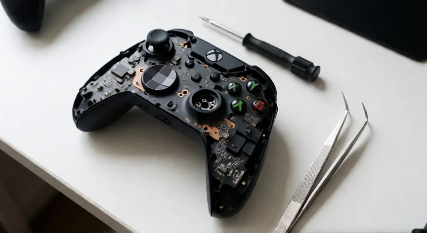 Vista interna del mando Xbox Series S desmontado con herramientas de reparación