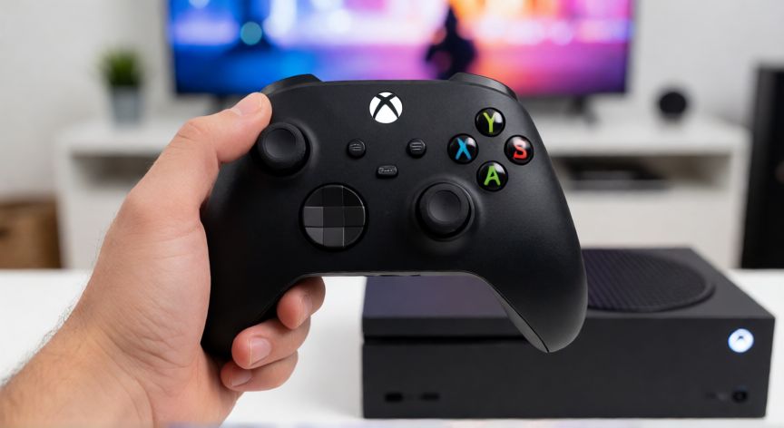 como cambiar el joystick de xbox series s, Mando inalámbrico nuevo de Xbox Series S sostenido en la mano junto a la consola