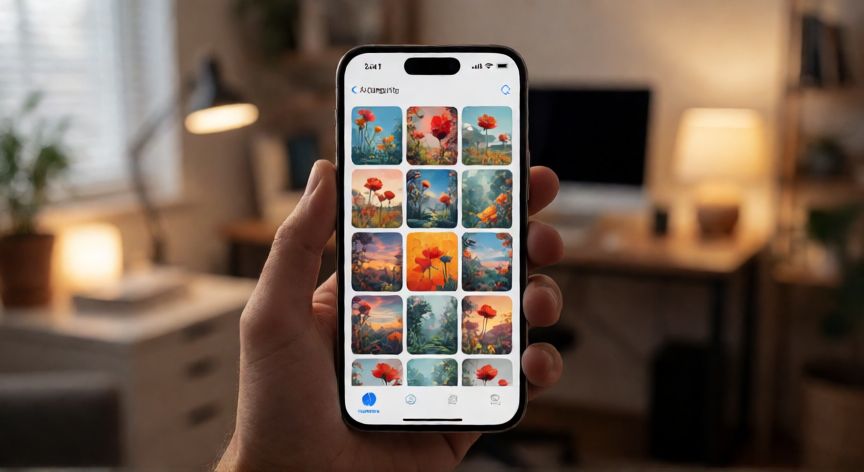 como cambiar el juego de pantalla, Mano sosteniendo un iPhone seleccionando una nueva imagen de fondo