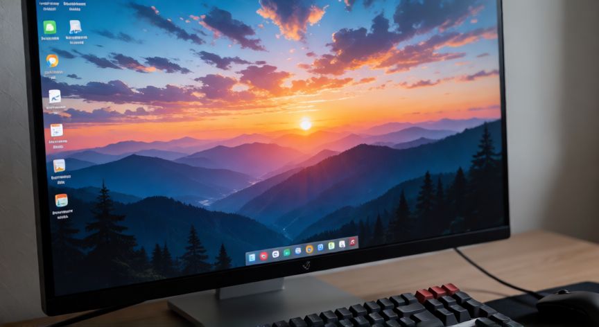 como cambiar el juego de pantalla pc, Monitor de ordenador mostrando un fondo de pantalla de paisaje montañoso al atardecer