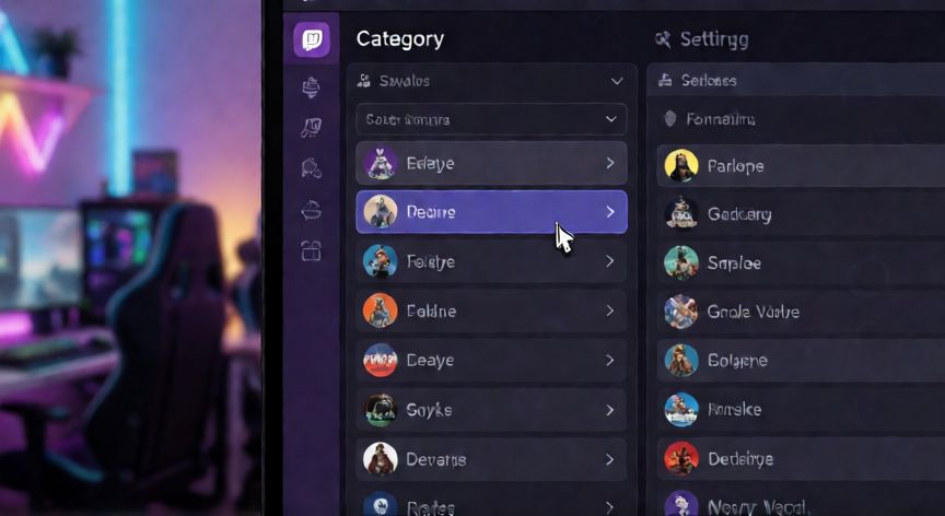 como cambiar el juego en twitch siendo mod, Interfaz de configuración de categoría en Twitch seleccionando juego