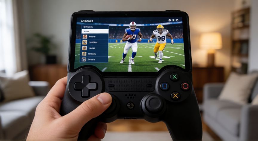 como cambiar el jugador de entrenamiento en fc 26, Manos sujetando un mando de consola seleccionando jugador en la pantalla