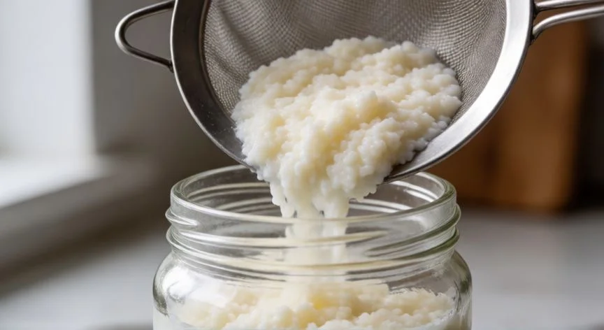Granos de kéfir de leche siendo transferidos con un colador a un frasco de vidrio limpio