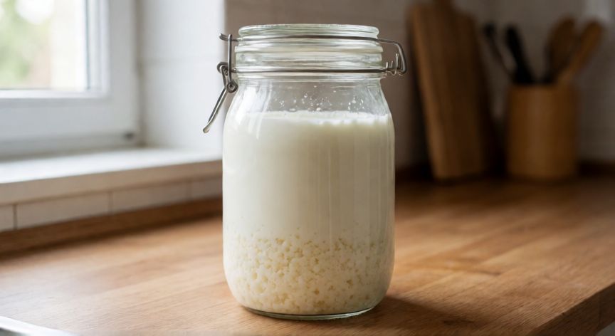 como cambiar el kefir de leche, Frasco de vidrio con leche fresca y granos de kéfir listos para fermentar en una cocina