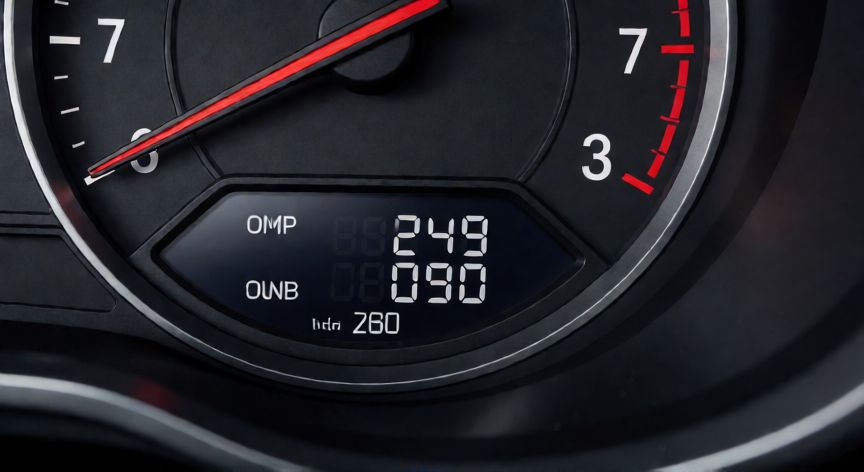 como cambiar el kilometraje de un auto, Panel de instrumentos de un coche moderno mostrando el cuentakilómetros