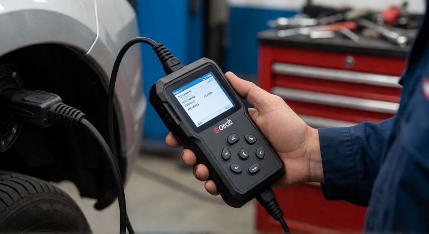 como cambiar el kilometraje de un auto, Técnico utilizando un escáner de diagnóstico OBD2 en un taller
