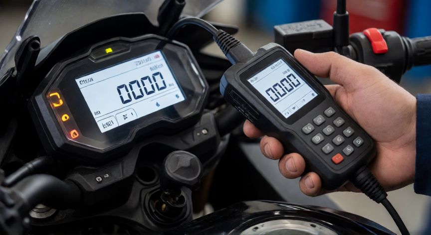 como cambiar el kilometraje de una moto, Técnico conectando escáner OBDII al puerto de diagnóstico de una moto moderna para resetear el odómetro