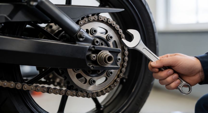 como cambiar el kit de arrastre de una moto, Vista detallada de la rueda trasera de una moto con la cadena desmontada y herramientas de mecánica